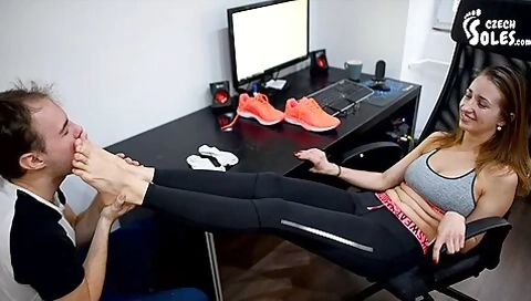 Brunette Tells Her Slave To Smell Her Sexy Feet And Dirty Socks